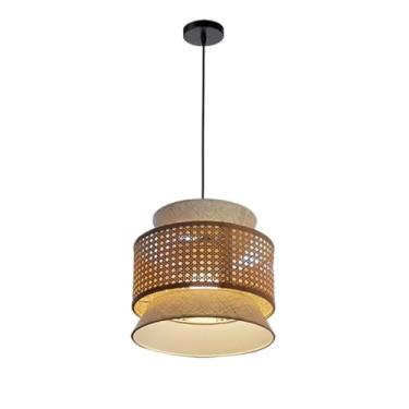 Imagem de Luminária suspensa de vime boêmia, abajur de tecido de linho Wabi Sabi, lustre de teto de vime trançado à mão, luminárias cilíndricas japonesas, iluminação suspensa retrô