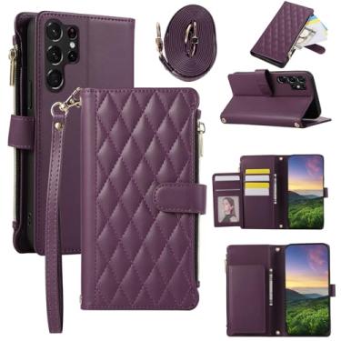 Imagem de Capa carteira para Samsung Galaxy S23 Ultra, capa de couro com 6 compartimentos para cartão e 1 compartimento para dinheiro e 1 bolsa com zíper, fivela magnética à prova de choque com alça de mão e