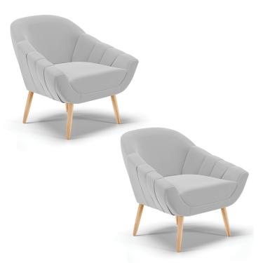 Imagem de Kit 02 Poltronas Giovana Suede Cinza Pés Palito Natural - D'Rossi
