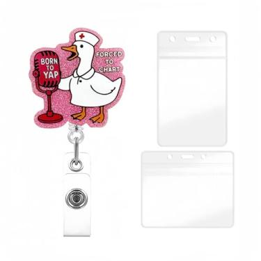 Imagem de YIHONGYAN Carretel de crachá, porta-crachás, retrátil, clipe giratório, carretéis engraçados, kit de acrílico com glitter de ganso cantante, design para mulheres, enfermeira, médica, professora
