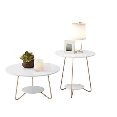 Imagem de Conjunto de Mesa de Centro e Mesa de Apoio Retrô - Design Compacto 60x60cm, MDF 15mm e Pés Metálicos para Ambientes Modernos (Branco)