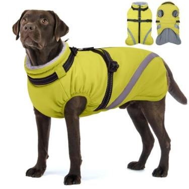 Imagem de BRKURLEG Jaquetas de inverno para cães grandes, casaco para cães com arnês embutido, roupas de neve para cães com zíper, impermeável à prova de vento, jaqueta acolchoada para animais de estimação