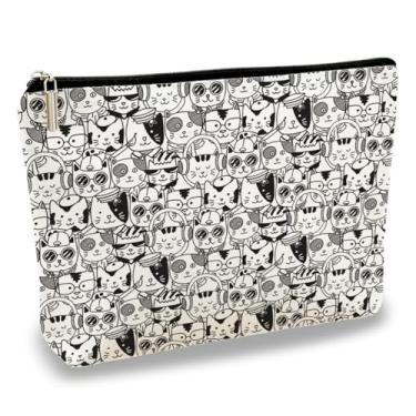 Imagem de Bolsa de cosméticos com design de quadrinhos de gato preto e branco para mulheres e meninas, linda bolsa de maquiagem com zíper, presente para amantes de gatos, leve, estética perfeita para viagens