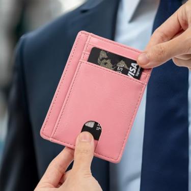 Imagem de Carteira masculina e minimalista de couro PU, bolso frontal, design fino para trabalho e viagens, rosa, Tendência