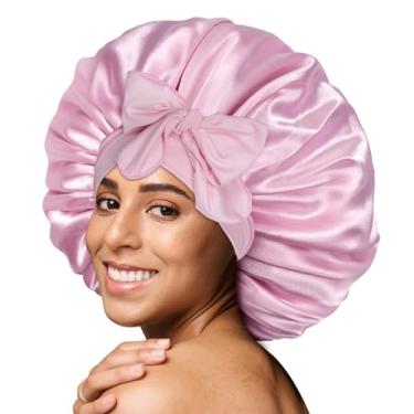 Imagem de Touca de cetim de seda para dormir touca de cabelo forrada de cetim de camada dupla com faixa de gravata para mulheres capota de cabelo ajustável, rosa, tamanho �nico