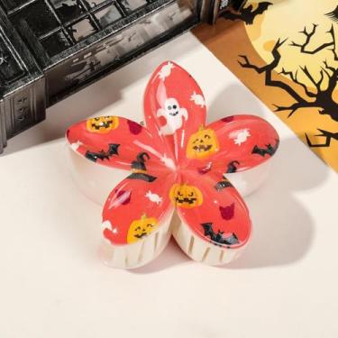 Imagem de Clipes de garra de cabelo para mulheres – Clipes de flores de Halloween Plumeria para penteados finos e grossos, antiderrapantes com design de morcego fantasma de abóbora e doces, acessórios de cabelo