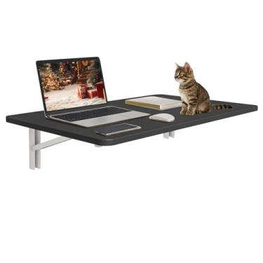 Imagem de Mesa dobrável preta montada na parede 60 cm x 40 cm mesa de parede dobrável para espaços pequenos, mesa flutuante de madeira para lavanderia, cozinha ou escritório em casa, suportes resistentes