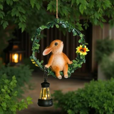 Imagem de Lanterna de jardim suspensa com decoração de coelho, design de grinalda floral, luz solar, decoração de jardim ao ar livre