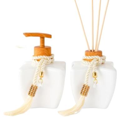 Imagem de Kit Vidros Lavabo Branco Luxo C/Enfeite Difusor E Sabonete(Amadeirado)