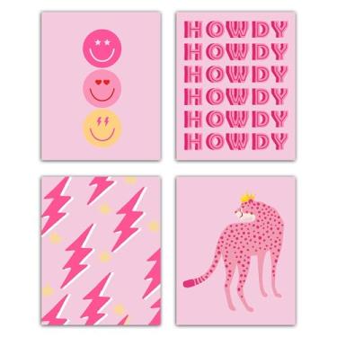 Imagem de Conjunto de 4 impressões de pôsteres de leopardo rosa, estampa de Howdy, decoração de arte de parede para quarto, sala de estar, dormitório universitário, decorações de quarto Y2k, decoração de parede