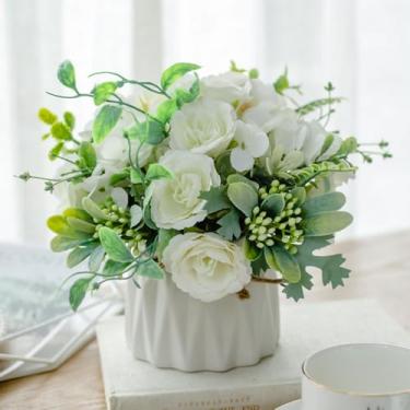 Imagem de TKAS Arranjo de flores falsas em vaso de cerâmica, rosas artificiais de seda sintética e hortênsia, peça central floral pequena realista de estilo seco para mesa de jantar, decoração de casa de festa