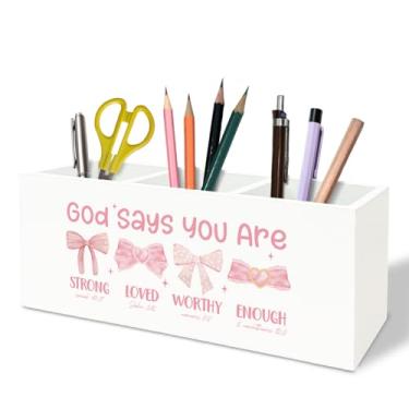 Imagem de TFKFJLF Coquette Porta-lápis de caneta cristã com laço rosa, presente para mulheres, versículo bíblico, pincel de maquiagem, organizador de madeira, para casa, dormitório, escritório, acessórios de