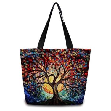 Imagem de ZhuVantrix Sacola de árvore do mundo de vitral reutilizável bolsa de compras estética bolsa de ombro com bolso interior leve e lavável elegante árvore do mundo colorido presente para mulheres