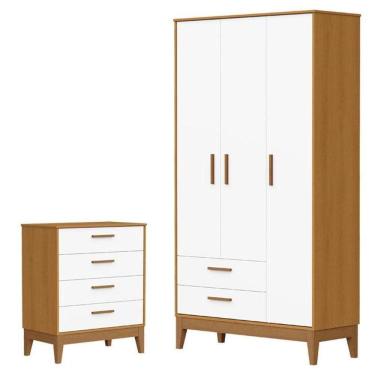 Imagem de Guarda Roupa Infantil Flip 3 Portas Com Cômoda Gaveteiro Infantil Flip Branco Acetinado Savana - Reller