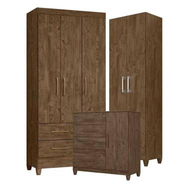 Imagem de Guarda Roupa Solteiro Lima Com Cômoda Vênus Com Pés E Armário Multiuso New íris Castanho Wood - Moval
