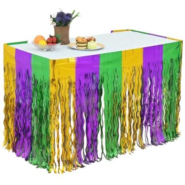 Imagem de Saia de mesa de carnaval 75 x 275 cm 75 x 275 cm, design serpentina metálica, violeta dourado verde colorido, para festas e festivais, celebrações, cobertura de mesa, alumínio descartável