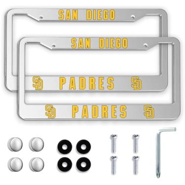 Imagem de 2 pacotes de molduras de placa de licença para padres, capas de placa de licença prateadas, suporte universal de alumínio para etiquetas dianteiras e traseiras do carro