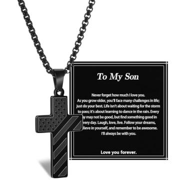 Imagem de Alissl Colar de cruz masculino com pingente de bandeira americana de aço inoxidável e verso da Bíblia, corrente cristã preta/prata – presente ideal para o Dia dos Veteranos, Ação de Graças e Natal