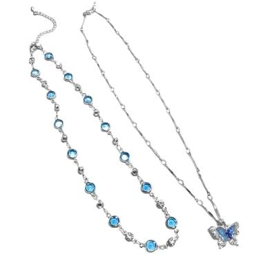 Imagem de Elegante colar de borboleta azul, camada dupla, corrente de cobre ajustável com cristais austríacos, caixa de presente