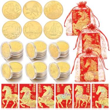 Imagem de Kenning Conjunto de 30 envelopes vermelhos chineses 2025 Ano Novo Chinês Cavalo Ano Vermelho da Sorte Envelopes Dinheiro da Sorte Presentes com 30 peças de moedas Feng Shui e 30 peças de sacos de