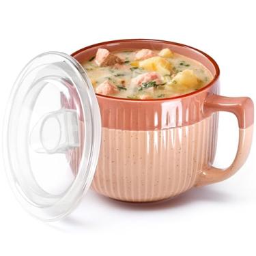 Imagem de NUTRIUPS Tigelas de sopa de cerâmica com alças Canecas de sopa de 850 g com tampa para macarrão, cereal, aveia, ramen (sussurro de pêssego)
