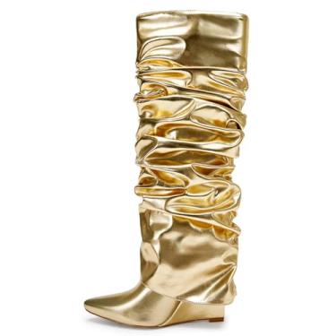 Imagem de Yishaweiqi Botas femininas dobradas franzidas despojadas com salto cunha de couro envernizado, cano alto, bico fino, botas casuais, Dourado, 37