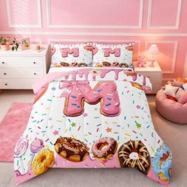 Imagem de Erosebridal Jogo de cama infantil com laço kawaii, tamanho Queen, conjunto de edredom feminino com estampa de rosquinha, letra M, ultramacia, laço rosa, princesa, letra M, monograma, decoração de