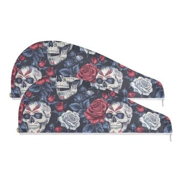 Imagem de SEHANY Toalha de cabelo de microfibra rosa e caveira para mulheres, 2 peças, turbantes de cabelo de secagem rápida com botão, touca de cabelo seco absorvente toalha de secagem de cabelo para cabelos