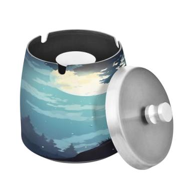 Imagem de Blueangle Cinzeiro de lobo lunar noturno com tampa para cigarros, à prova de vento/chuva, aço inoxidável, sem fumaça, inodoro, cinzeiro para uso interno ou externo (292)