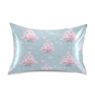 Imagem de Blueangle Fronha de cetim de árvore de Natal rosa para cabelo e pele, fronha de seda, tamanho Queen (50,8 x 76,2 cm) - Capas de almofada de cetim refrescantes com fecho de envelope (275)
