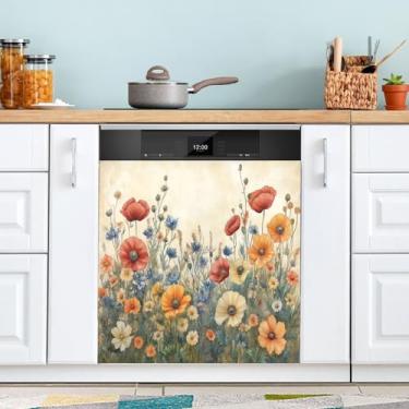 Imagem de ATTX Capa magnética de aquarela de flores silvestres para lava-louças, 58 cm C x 66 cm A, decoração da capa frontal da máquina de lavar louça, decalques de armário doméstico e eletrodomésticos #32