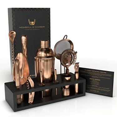 Imagem de Highball & Chaser Kit de bartender com suporte de bambu expresso, lindo conjunto de coqueteleira de sapateira com ferramentas de bar, conjunto de barra de aço inoxidável à prova de ferrugem (cobre antigo)