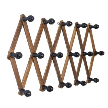 Imagem de Cabide de parede sanfonado com 16 ganchos, cabideiro de madeira de cor nogueira para parede, suporte de chapéu expansível para entrada, quarto e armário, inclui anéis protetores de silicone e kit de