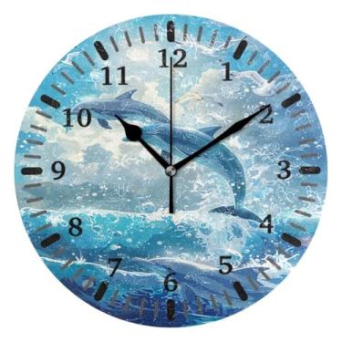 Imagem de CEBUGI 1 relógio de parede golfinhos pulando, 1 relógio de parede operado por bateria, relógios de parede silenciosos sem tique-taque para cozinha, banheiro, quarto, escritório, decoração 25,4 cm