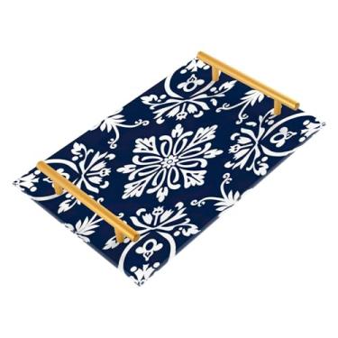 Imagem de Wassud Bandeja de banheiro com estampa de azulejo azul, bandejas de perfume, alça de maquiagem, cômoda, quarto, cozinha, bancada, mesa, 30 x 20 cm