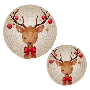 Imagem de Wassud Conjunto de trivet de veado com laço para pratos quentes, suportes redondos de algodão, almofadas quentes, porta-copos elegantes, decoração de cozinha e acessórios, 2 peças