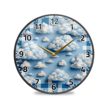 Imagem de WELLDAY Relógio de parede sem tique-taque 30,5 cm - Guingão azul com nuvens operado por bateria relógio redondo silencioso de quartzo para casa/escritório/cozinha/sala de aula
