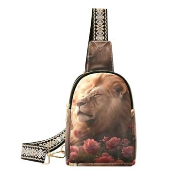 Imagem de CEBUGI Bolsa tiracolo feminina Lion Rose pequena de couro, pochete transversal para trilhas, viagens ao ar livre