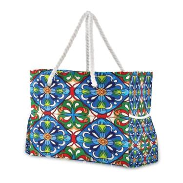 Imagem de Wassud Bolsa de praia grande para mulheres, design de azulejo do México, impermeável, à prova de areia, bolsa de viagem com zíper e bolso para piscina, academia, acampamento
