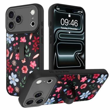 Imagem de AIGOMARA Capa para iPhone 17 Pro Max com alça de dedo com suporte de flor colorida estampa floral TPU macio amortecedor rígido de policarbonato traseiro antiqueda à prova de choque capa fina com