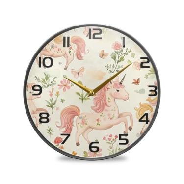 Imagem de YETTASBIN Relógio de parede acrílico unicórnios – Silencioso, sem tique-taque, operado por bateria, relógio redondo decorativo criativo para cozinha, sala de estar, banheiro, decoração de escritório