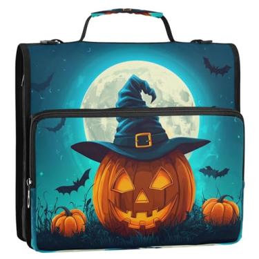 Imagem de CEBUGI Fichário de 3 anéis com zíper com alça de ombro, pasta de arquivo expansível de 3,8 cm, anéis D, para escola, escritório, abóbora com chapéu de bruxa