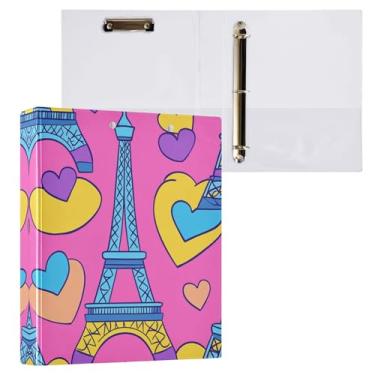 Imagem de Qilmy Organizador de fichário redondo Torre Eiffel com corações, fichário de 3 anéis com prancheta (carta A4), fichário fofo para material de escritório escolar 597
