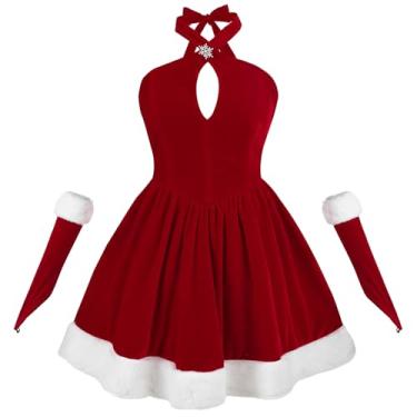 Imagem de FCCAM Santa Claus Costume for Women Red Womens Christmas Dress 2024 Velvet Halter Christmas Outfits XXL