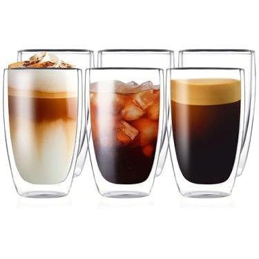 Imagem de MESNEY Copos de café expresso de parede dupla de 500 ml, conjunto de 6 canecas de café de vidro, canecas de cappuccino latte transparentes isoladas para casa, café e restaurante, copos de bebida