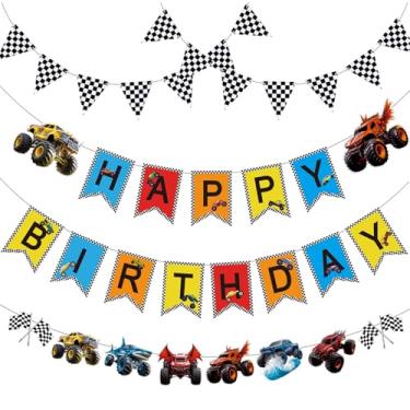 Imagem de Decorações de festa de aniversário de caminhão monstro para meninos - bandeira quadriculada bandeira monster truck banner aniversário corrida carro suprimentos de festa