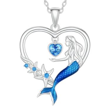 Imagem de SUPAC Colar com pingente de sereia coração do mar, estrela do mar e sereia de barbatana azul, presente para aniversário ou Natal, Adjustable, Zinco Vidro, Sem Pedra Preciosa