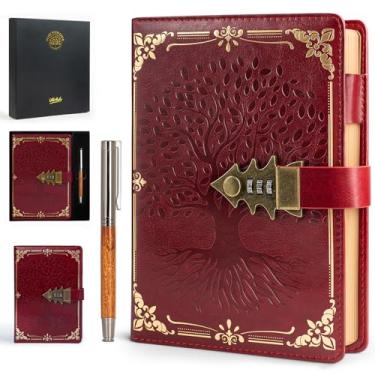 Imagem de WEMATE Diário com cadeado com caneta e caixa de presente, A5 260 páginas, recarregável, caderno de couro com senha para escrita, diário vintage para mulheres, meninas, homens, estudantes, 21,7 x 14,7