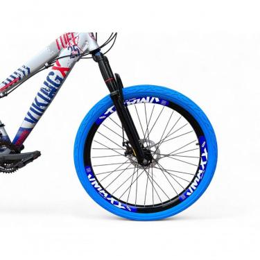 Imagem de Bicicleta Aro 26 Vikingx Tuff Câmbios Shimano Freio Hidráulico 21v Freeride Aro Vmaxx Flame prata-Azul X25