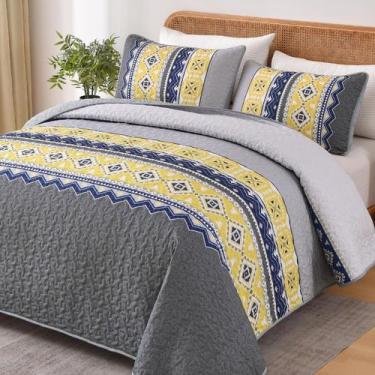 Imagem de Conjunto de edredões WONGS BEDDING Cinza Amarelo Queen Size 3 peças